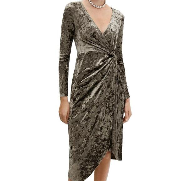 MNG Mango Crushed Velvet Knot Midi Sheath Dress Dark Olive Green Size 6 - Picture 1 of 13